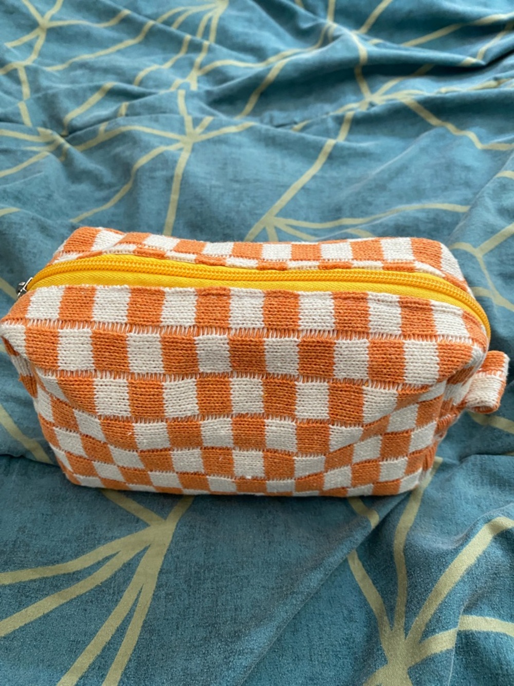 Orange and White Checkerboard Cosmetic Pouch